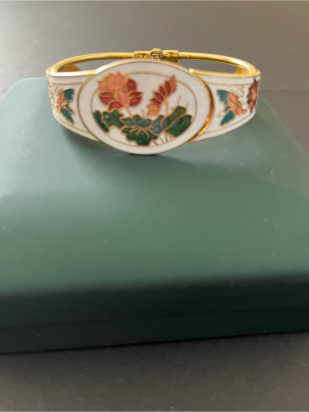 Vintage 1980’s Cloisonné Lotus and Butterfly Clamper Bracelet